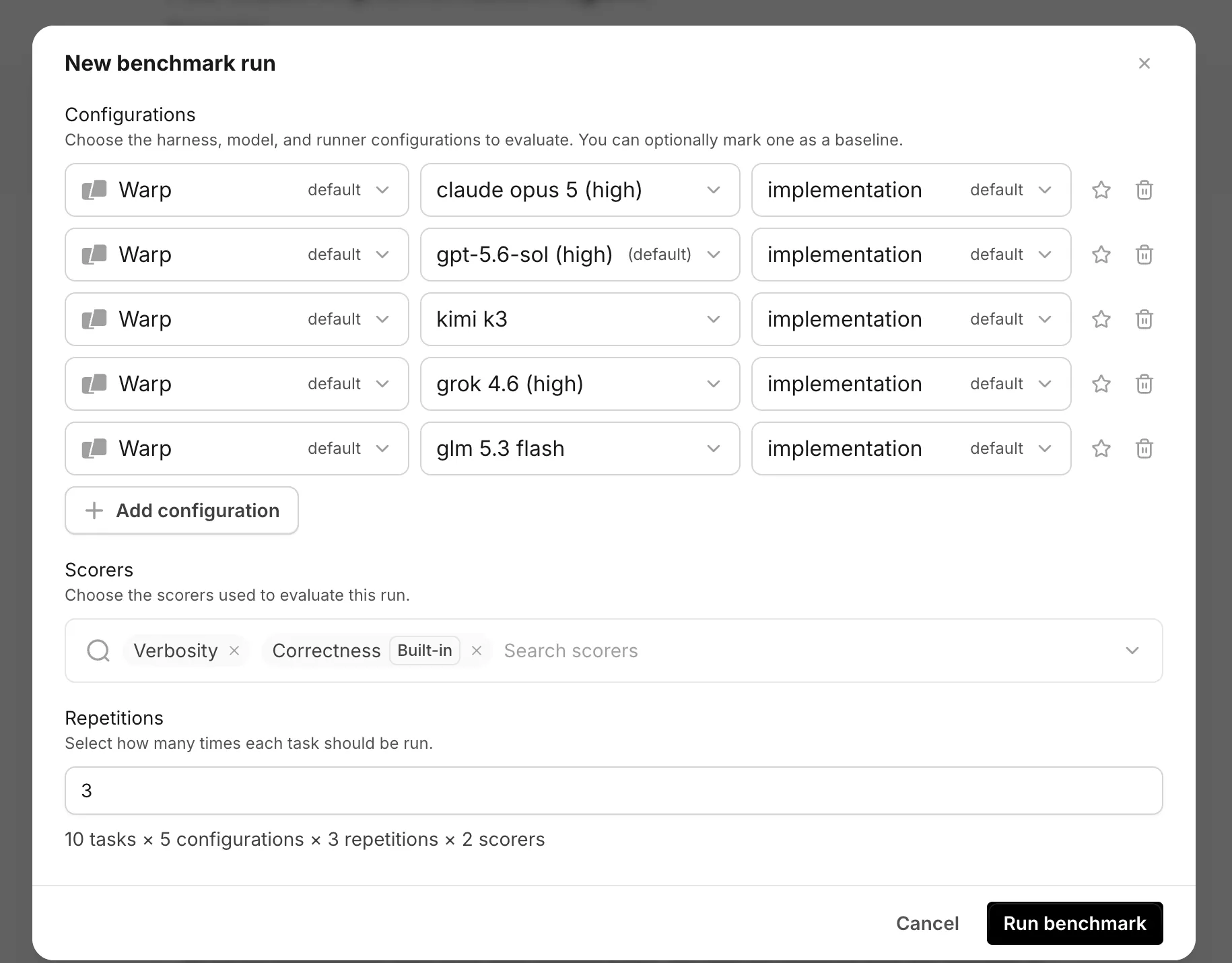 The New benchmark run dialog with model and runner configurations, a baseline option, selected Scorers, a repetition count, and projected trial count.